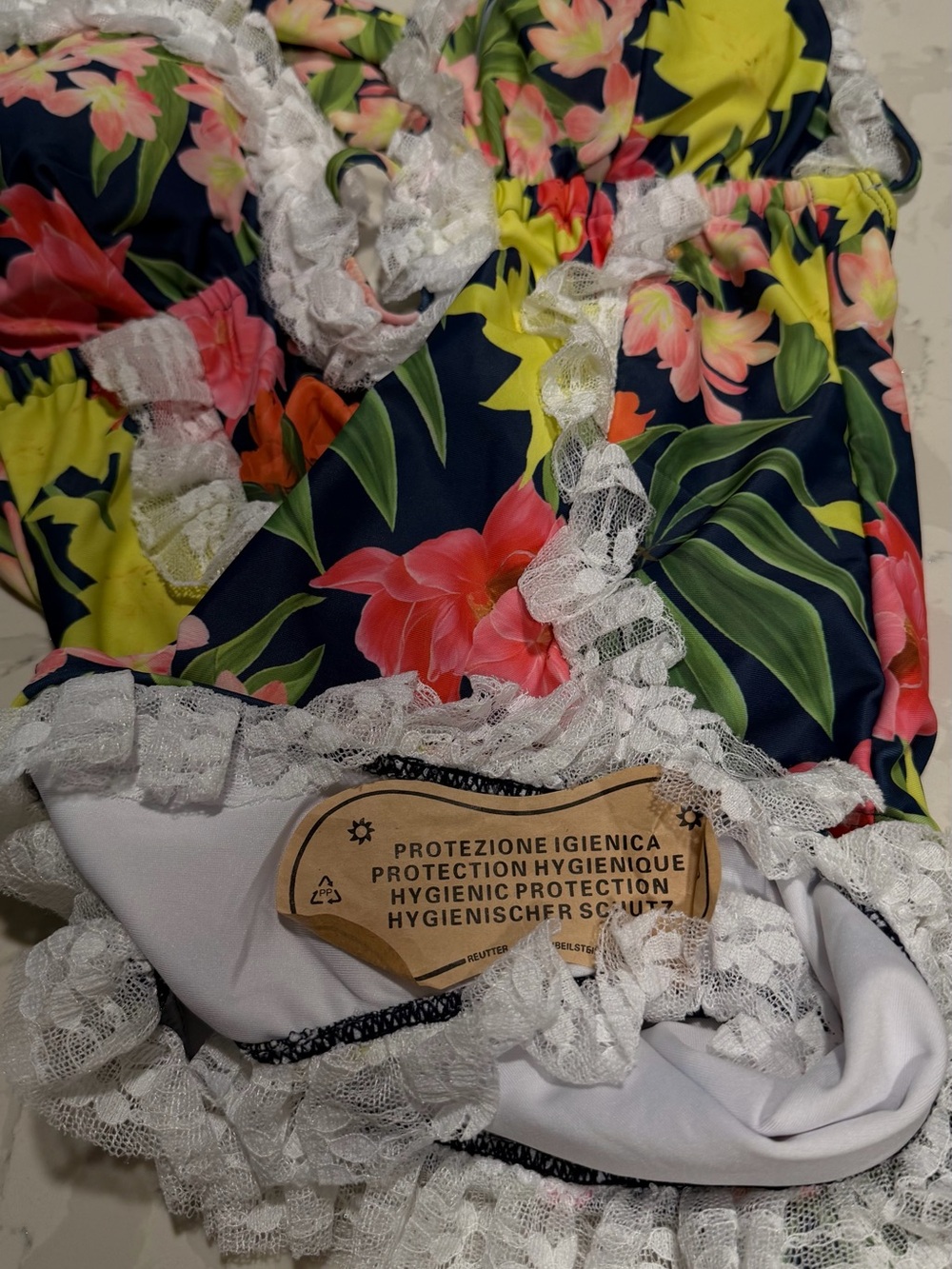 Lace-Trim Floral Halter One-Piece Sexy Swimsuit - Picture 7 of 11